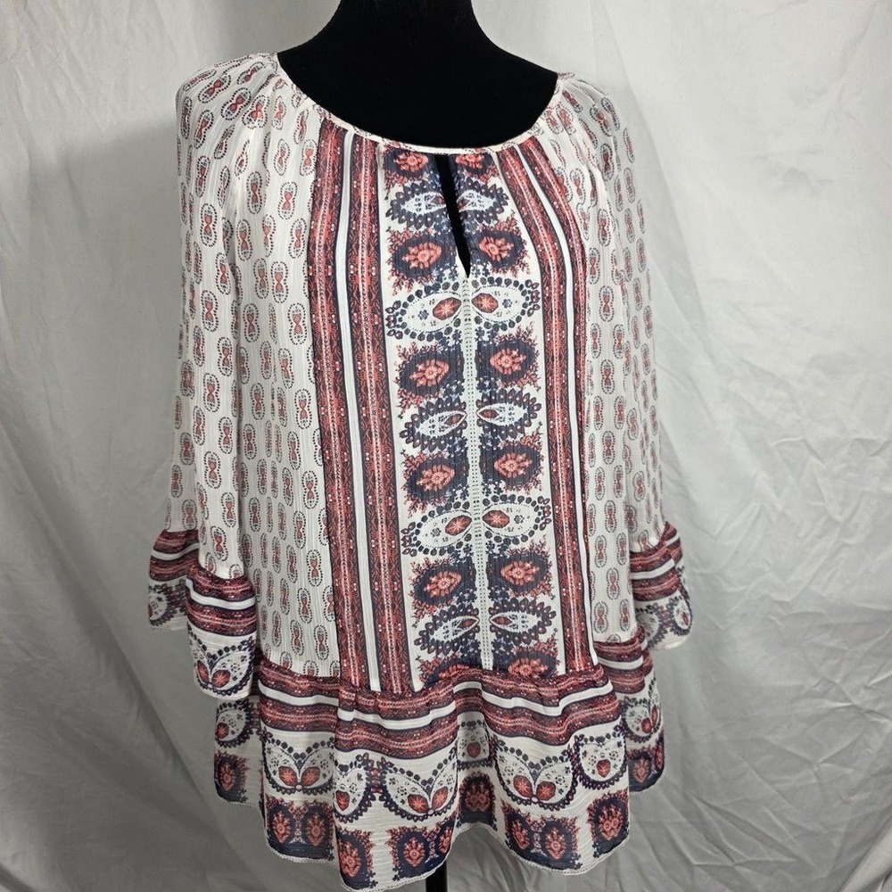 St John's Bay Blouse Womens Medium White Red Navy Excellent Boho Paisley Peasant